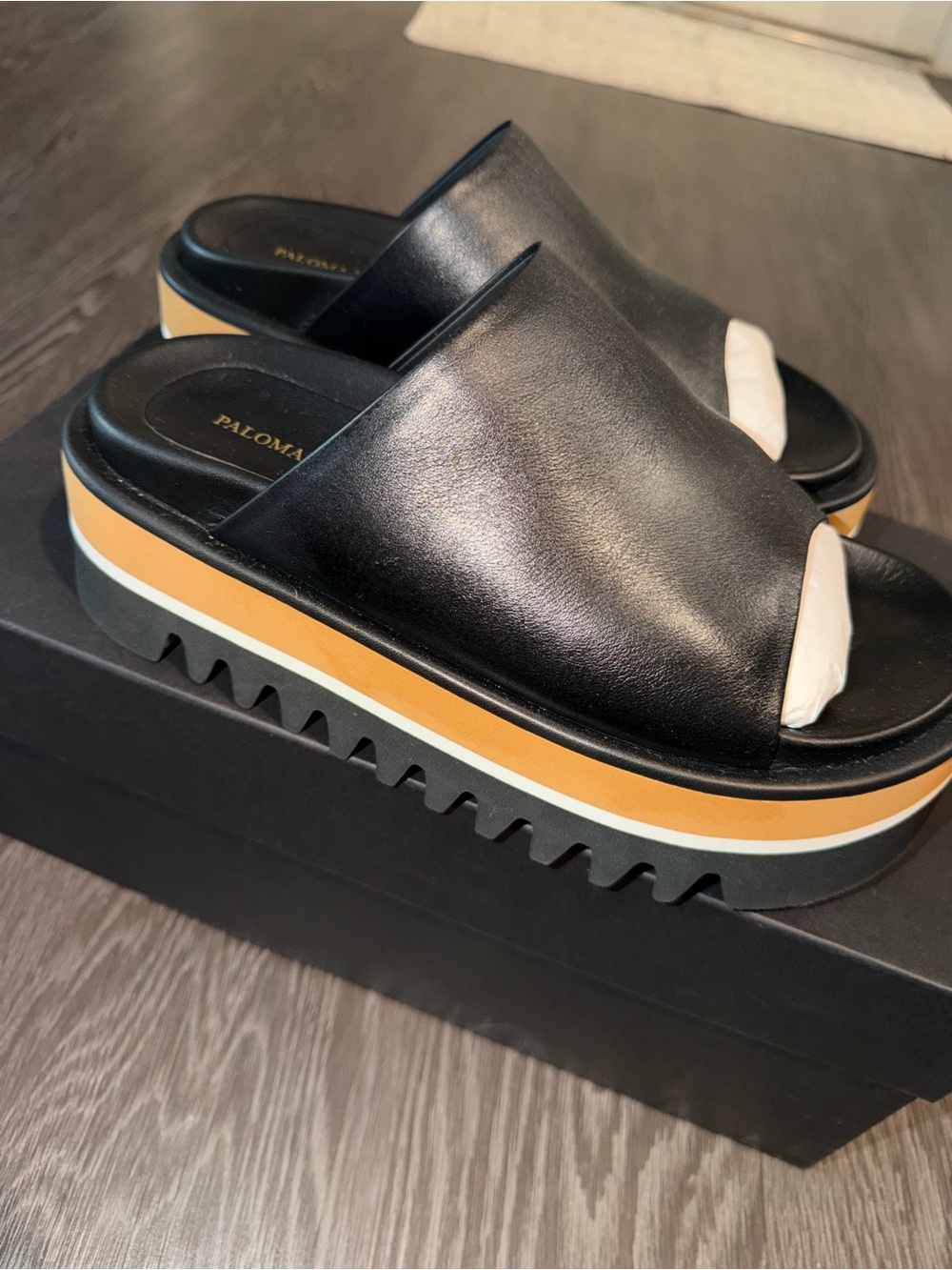 Paloma Barcelo Black Leather Platform Slide with Yellow Accent